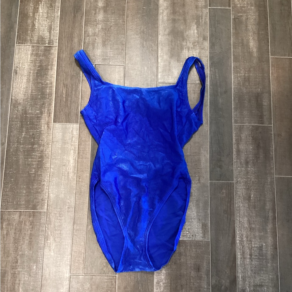 Vintage Cobalt Blue Ribbed One Piece Swim Suit